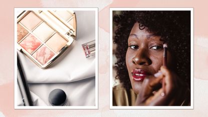 On the left, a collection of makeup products including a palette, mascara and lipstick are pictured on a white sheet background and on the right, is a close-up of a woman with curly hair applying glittery eyeshadow to her lids with a brush/in a pink watercolour paint-style template