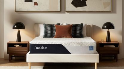 Throw pillows on a Nectar mattress on a bed against a white wall.