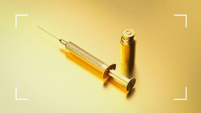 Golden graphic of syringe and vial of injectable, representing the &#039;magic bullet&#039; of Wegovy UK