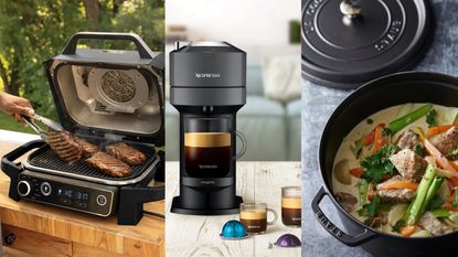 A triptych: a man grilling steaks on the Ninja Woodfire Outdoor Grill; a Nespresso Vertuo Next on a wooden table; a coconut milk stew inside a Staub Cocotte.