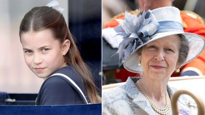 Princess Charlotte wears a navy dress with white piping and Princess Anne wears a light blue hat and matching jacket