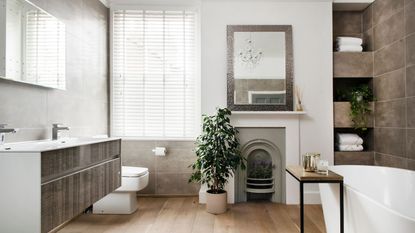 Houseplants including ficus tree next to fireplace in bathroom