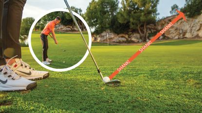 Gary Munro demonstrating a drill to prevent shanking the ball when chipping, with a picture of gary addressing the ball at the heel (with a line saying shank)