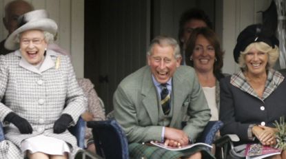 Queen Elizabeth II, King Charles, and Queen Camilla burst out laughing