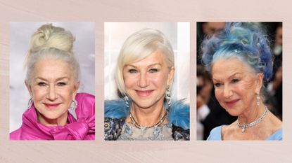 Collage of three vertical images of Helen Mirren in boxes set against a dusky pink watercolour background