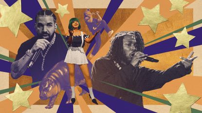 Photo collage of Drake and Kendrick Lamar performing, Moo Deng, B-girl Rachel Gunn performing at the Olympics, and an actress portraying the Glasgow Wonka Experience Oompa Loompa.