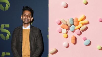 Dr Amir Khan next to collection of vitamin tablets