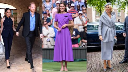 Three photos with a photo of Meghan Markle wearing a blue sleeveless suit and holding hands with Prince Harry on the left, a photo of Kate Middleton in a bright purple dress at Wimbledon in the center and a photo of Queen Maxima wearing a drapey gray coat and skirt on the right