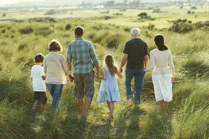 Multigenerational family walking on a meadow