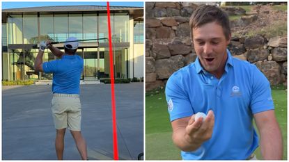 Images of Bryson DeChambeau hitting his ball over his house and celebrating the hole in one