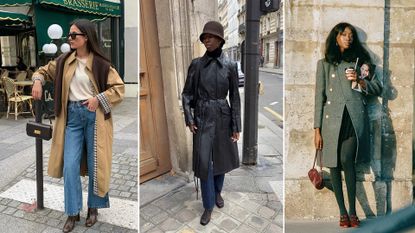 Collage of French women wearing different Paris coat trends.