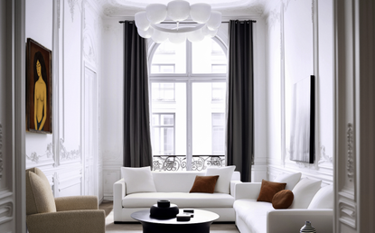 A living room with white walls, ceiling and couches, with rust toned pillows 