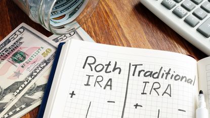 The words Roth IRA and Traditional IRA are listed in a notebook with pluses and minuses underneath.