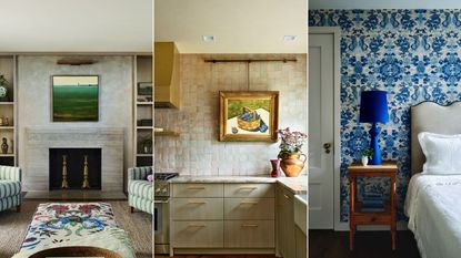 Three images: green living room; kitchen artwork; blue floral bedroom