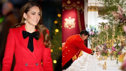 A photo of Kate Middleton wearing a red coat with a black velvet bow in front of a lit Christmas tree next to one of a palace staffer wearing a red uniform setting an elaborate dinner table with candles and flowers in front of a throne