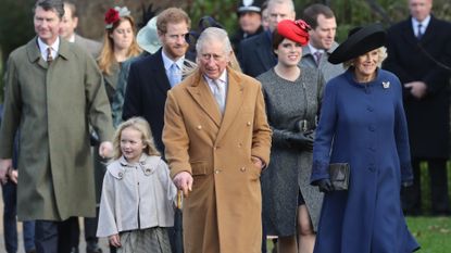 King Charles, Queen Camilla, Princess Eugenie, Peter Philips, Princess Beatrice wearing coats walking to church on Christmas