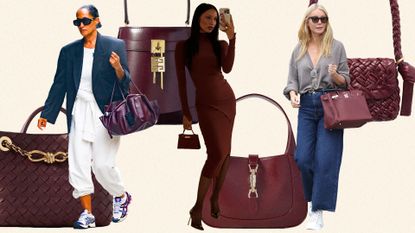 Women carrying burgundy bags.