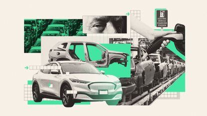 Illustration of electric vehicles, auto plants and charging units