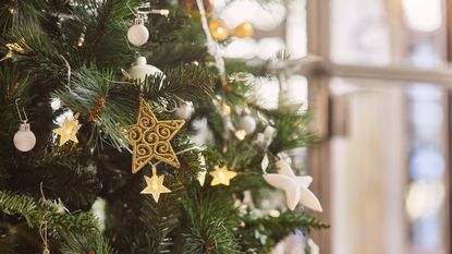 Close-up image of a christmas tree with gold and white decor