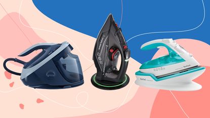 Three of the best steam irons on graphic background