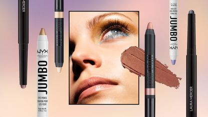 product collage of laura mercier, nudestix, and nyx eyeshadow stix with image of model looking up and swatch of brown cream eyeshadow overlaid on a purple and peach gradient background