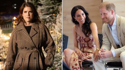 Princess Eugenie has long brunette hair and wears a plaid coat while Meghan Markle laughs while wearing a beautiful gold and pink dress