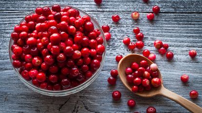 A bowl of cranberries on a wooden background