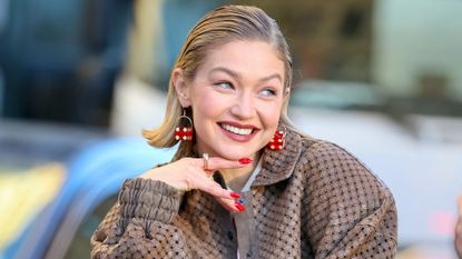 Gigi Hadid is seen filming a commercial for &#039;Maybelline&#039; in Downtown, Manhattan on November 13, 2024 in New York City.