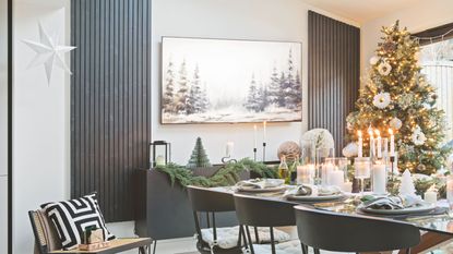 Decorated Christmas tree in dining room with tablescaping