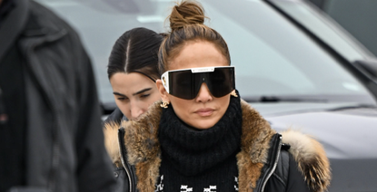 Jennifer Lopez is seen in Aspen, Colorado wearing shield sunglasses and a fur-lined parka coat