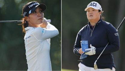 Lydia Ko hits a tee shot and watches its flight, Angel Yin walks down the fairway checking her yardage book