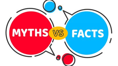 The word Myths in a red dialogue bubble vs the word Facts in a blue dialogue bubble.