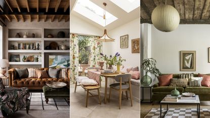 Trio of images showing a living room, dining room and living room.