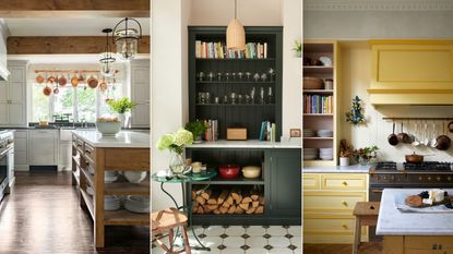 trio of images showing open kitchen cabinet displays of vintage kitchen and cookware