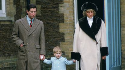 Prince Charles, Prince Harry, and Princess Diana at a photo call in Sandringham.