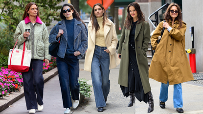 collage of Katie Holmes wearing winter outfits (quilted jacket with jeans, houndstooth coat with jeans, wool double-breasted coat with jeans, double-breasted coat with black dress, buttoned coat with jeans) 