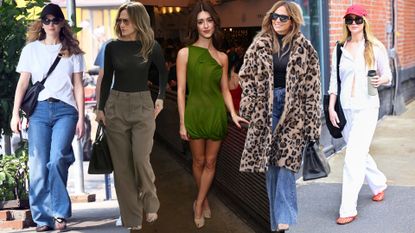 a collage of jennifer lawrence, jennifer lopez, and daisy edgar jones wearing controversial shoe trends