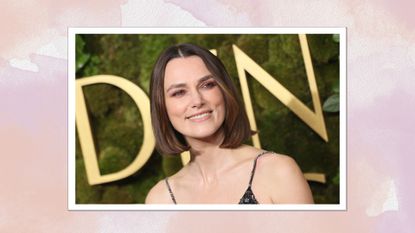 Keira Knightley is pictured with a short, jaw-length bob at the 82nd annual Golden Globe Awards at the Beverly Hilton hotel in Beverly Hills, California, on January 5, 2025/ in a peach and purple watercolour paint-style template