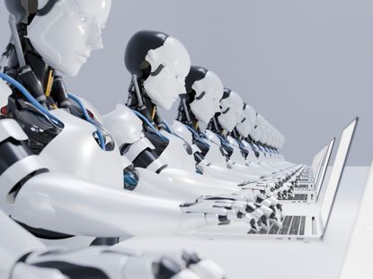 Digital generated image of multiple robots working on laptops siting in a row