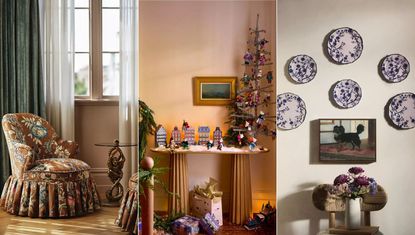 Three panel image showing a lounge chair, christmas display, plates on wall