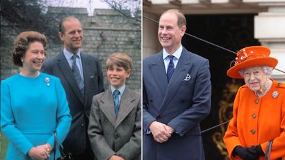 Prince Edward smiles while posing with his mom, Queen Elizabeth II, who wears a bright orange suit