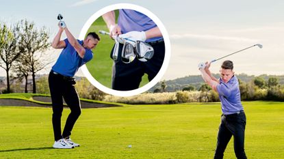 Gary Munro hitting a fairway wood and a long iron from the fairway, with an inset image of a fairway wood, a long iron and a hybrid