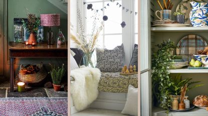 compilation of a cosy hallway, cosy bench seat and kitchen cabinet filled with the best china and houseplants to show festive habits we should do at home all year round