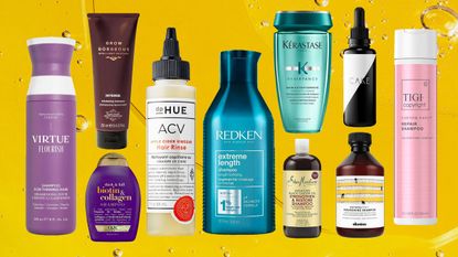 collage of hair growth shampoos including Redken, Kerastase, Shea Moisture