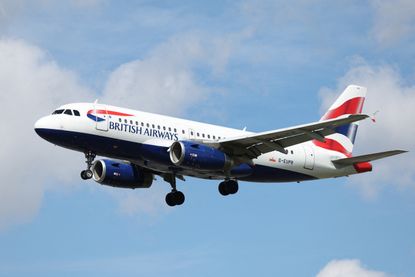 British Airways plane pictured in the air as as it lands at airport