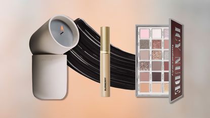 Product collage of Huda Beauty Icy Nude Eyeshadow Palette, Phlur Vanilla Smoke Candle, Burberry Beyond Volume Mascara, with image of mascara swatch overlaid on a peach and grey gradient background