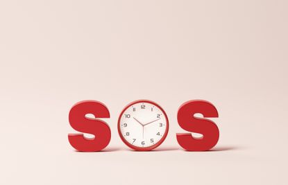 Conceptual image of SOS spelled out with a clock representing the O on a pastel background.