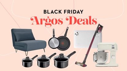 Images of a blue sofa bed, saucepans, vacuum and pillow on a pink background with the text Black Friday Argos Deals