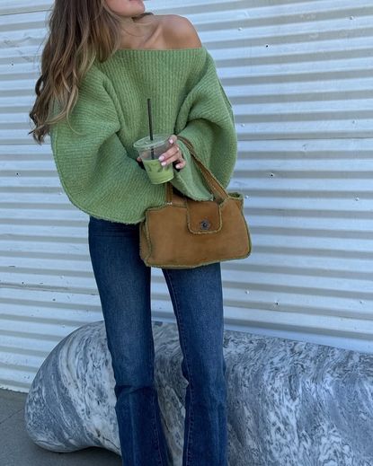 green sweater and jeans outfit