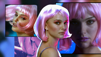 a collage of images of natalie portman in the movie closer wearing a big bob and pink lipstick